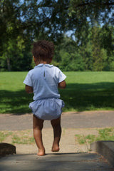 Blue baby bloomers and white collared bodysuit