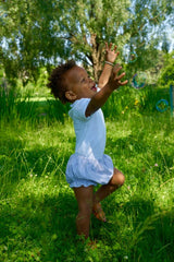 Blue baby bloomers and white collared bodysuit