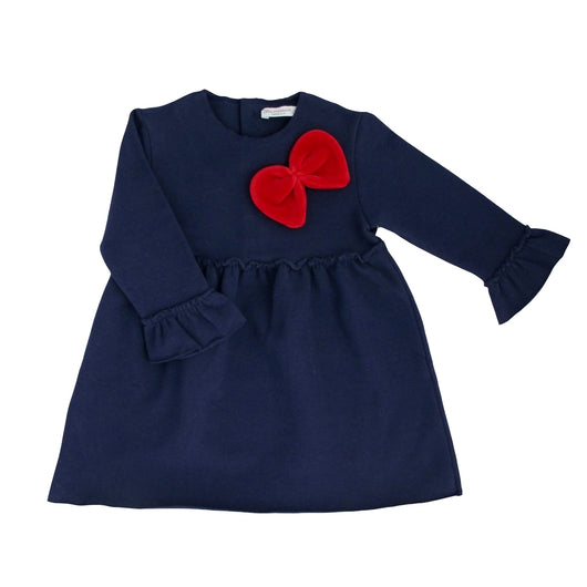 Blue girl dress with red ribbon